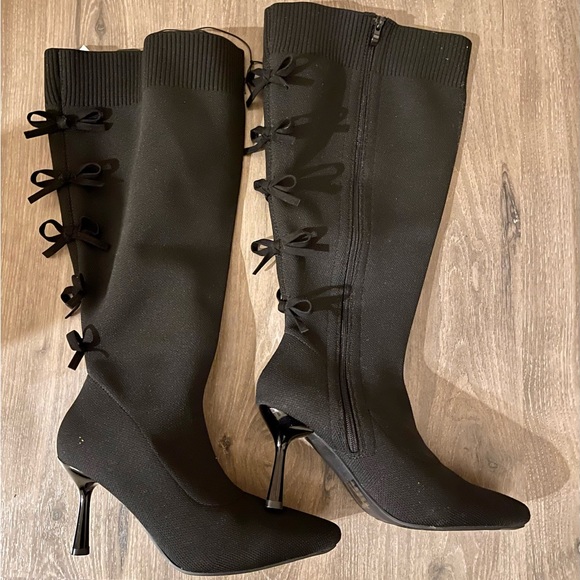BN Torrid Black Bow Tie Stiletto Knee Boots Size 10WW - Picture 5 of 13